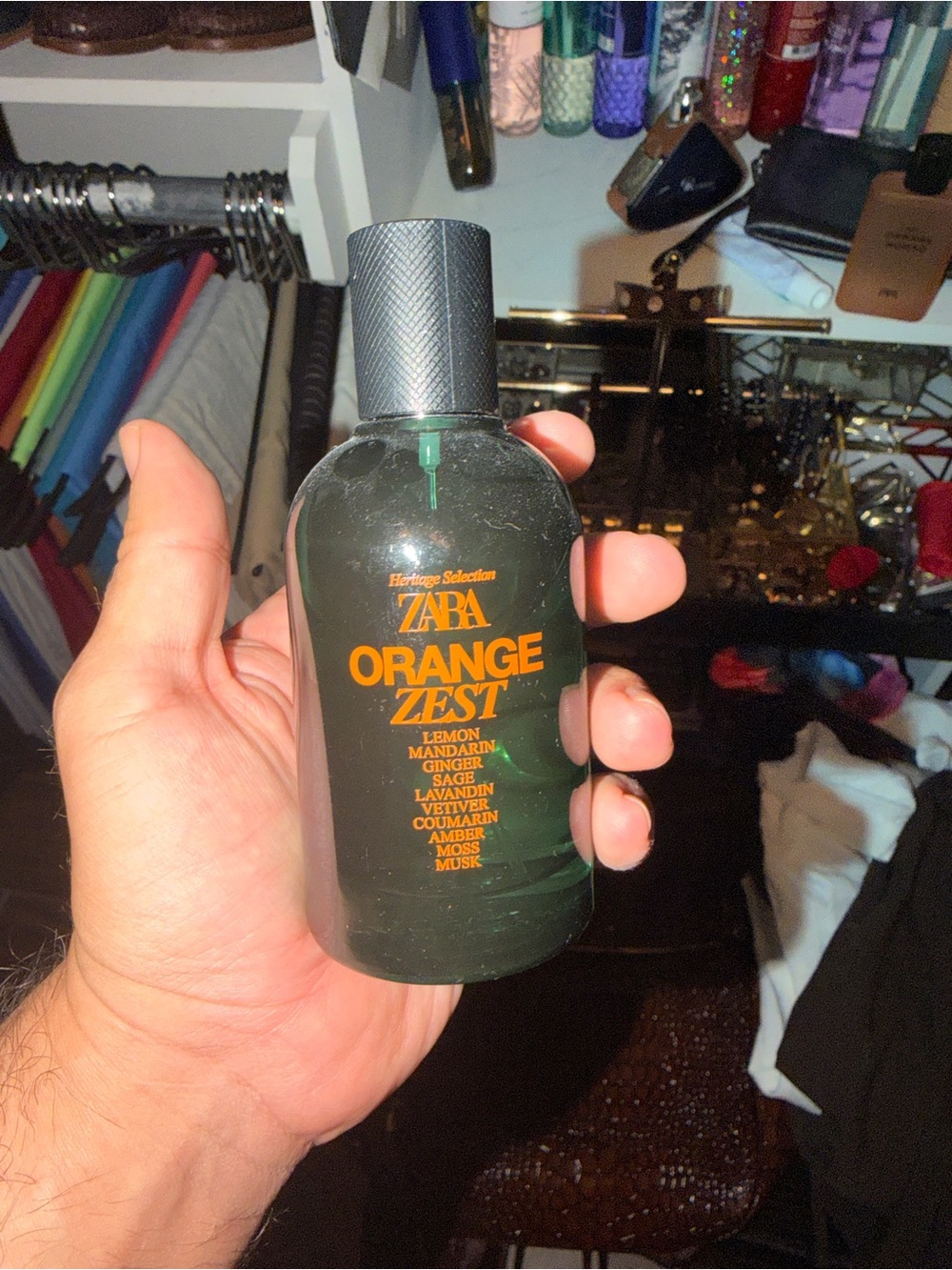 Zara Orange Zest Cologne Bottle — Dark Green with Orange Logo